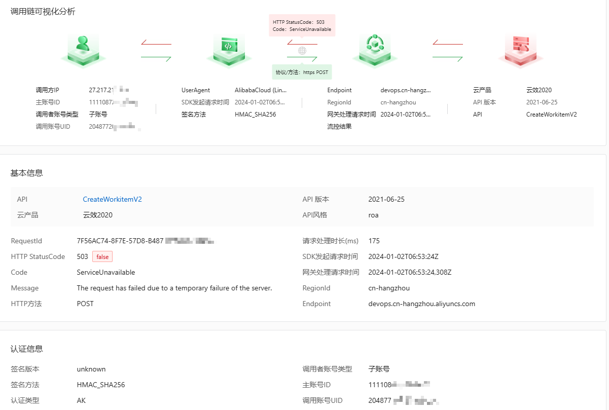 在云效我调用CreateWorkitem接口报错503是怎么回事？ -[阿里云_云淘科技]